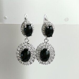 Black Onyx CZ Halo Earrings sterling silver leverbacks